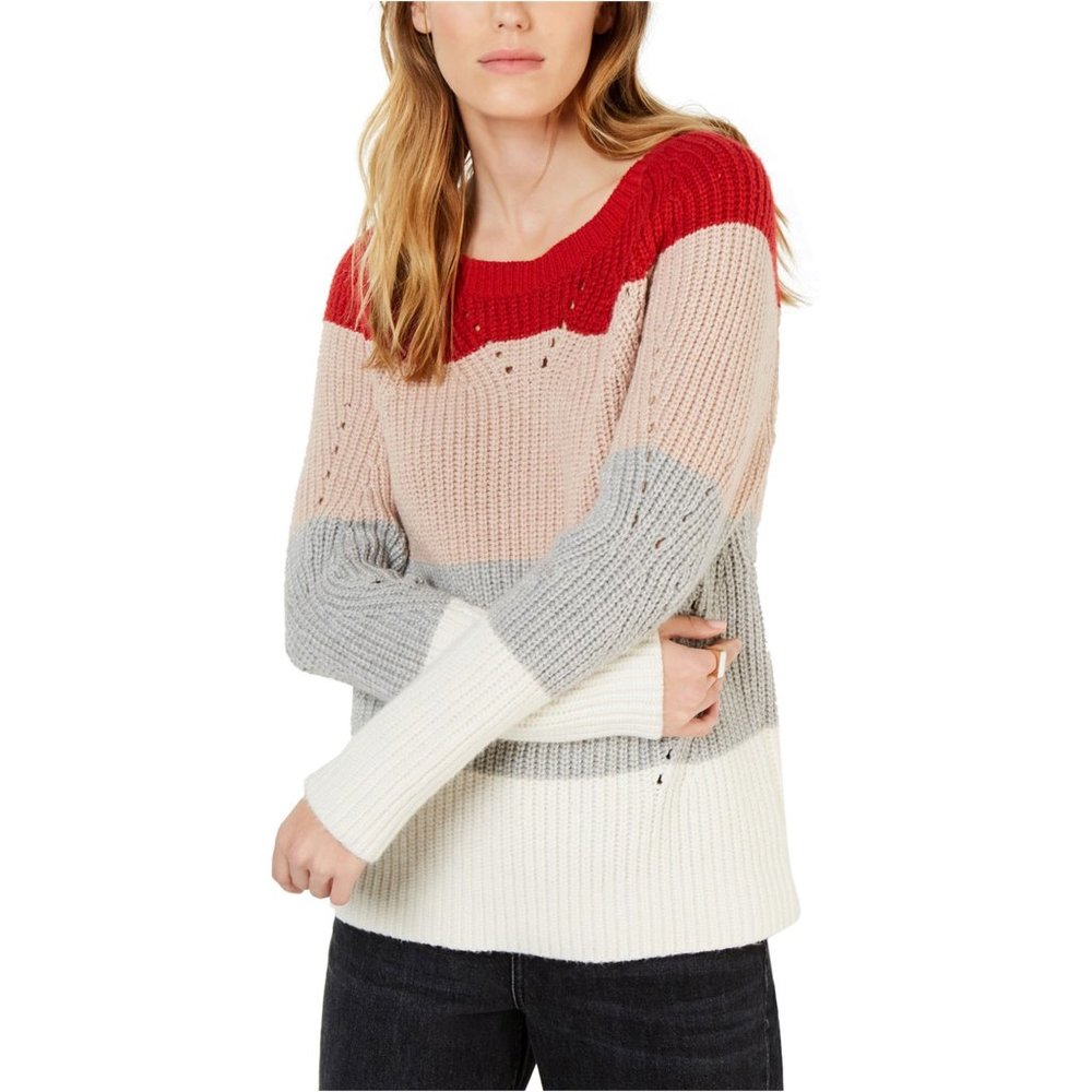 LUCKY BRAND colorblock stripes chunky pointelle knit crewneck pullover sweater